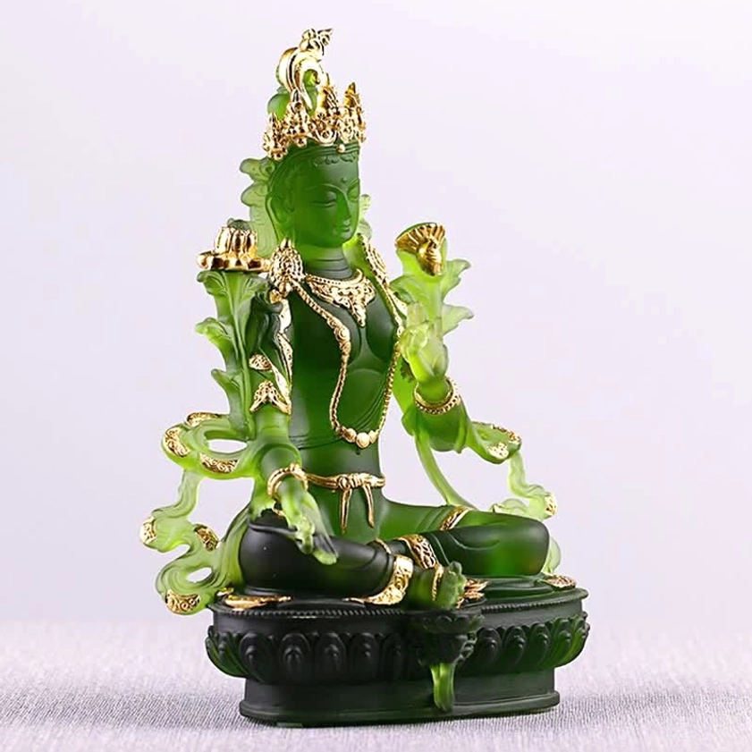 Green Tara Liuli crystal Buddha statue artistic detail showcasing handcrafted quality and spiritual energy concentration