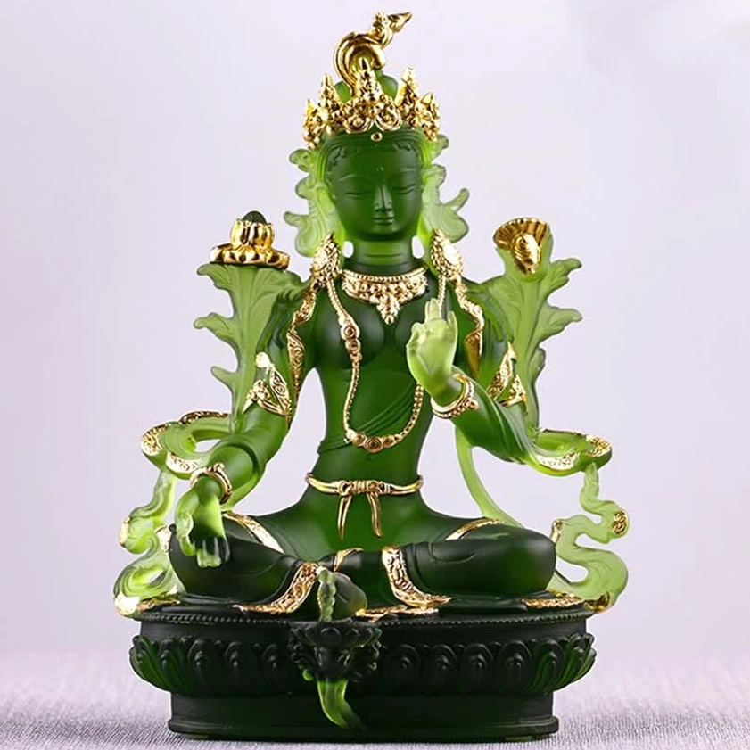 Green Tara Buddha statue in modern home decor setting, demonstrating spiritual feng shui placement for positive energy and protection