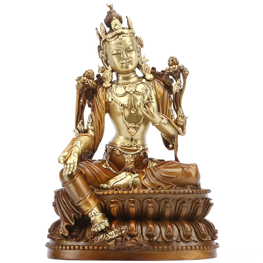 Green Tara brass statue lighting detail - natural patina finish and sculptural dimension of handcrafted work