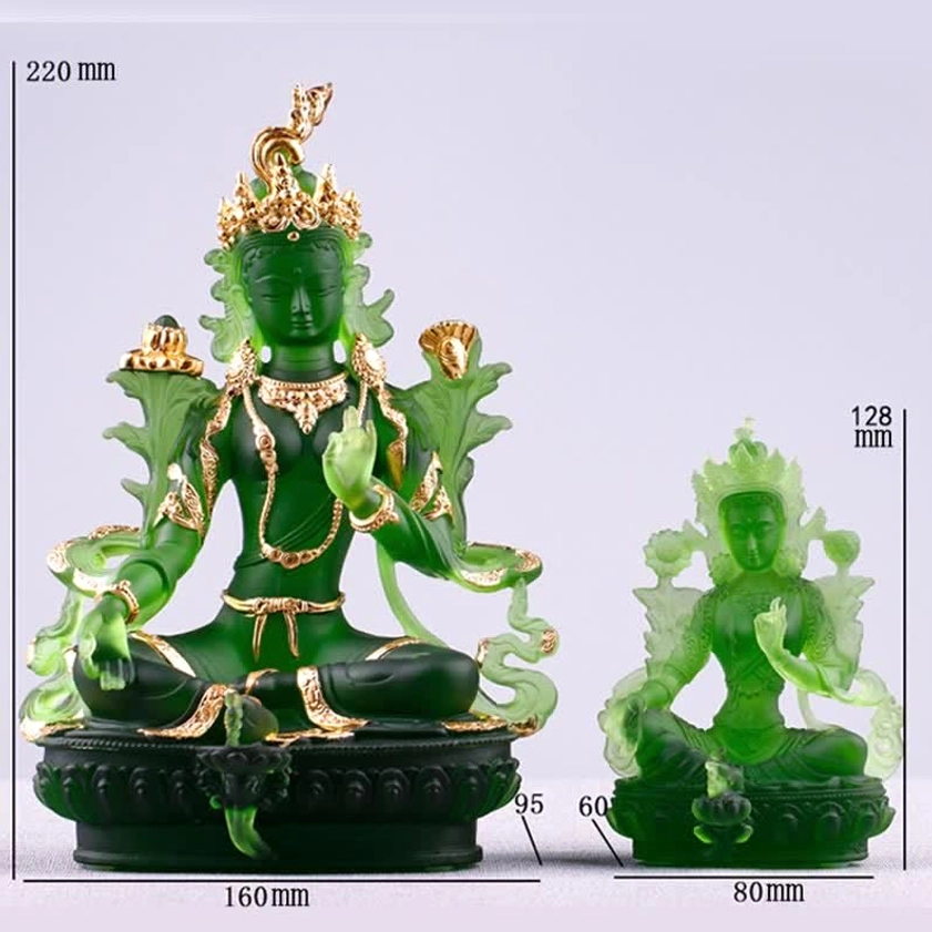 Green Tara Buddha statue rear view close-up showing carved hair bun and ornate back decorations with gold trims