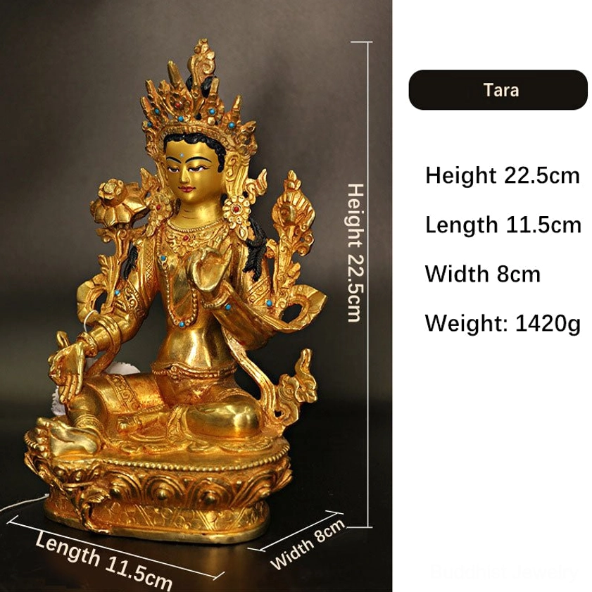 Green Tara bodhisattva statue right side view with dimensions and intricate hand-carved details