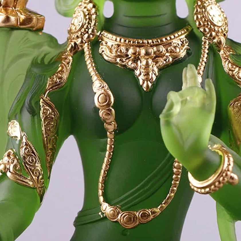 Green Tara Liuli crystal Buddha statue size comparison showcasing small and large variant dimensions for meditation and home altar