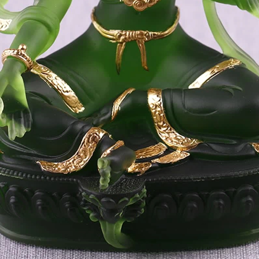 Green Tara Buddha statue with wooden base, complete altar display setup for home, office, or meditation room