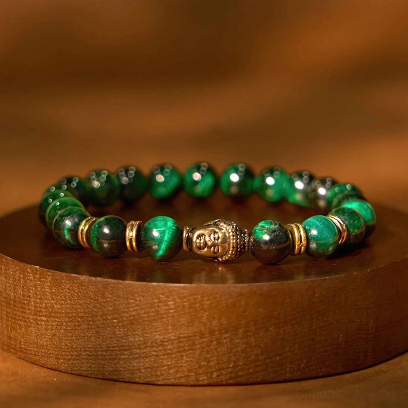 Green tiger eye stone bracelet with Buddha charm - inner strength and self-love