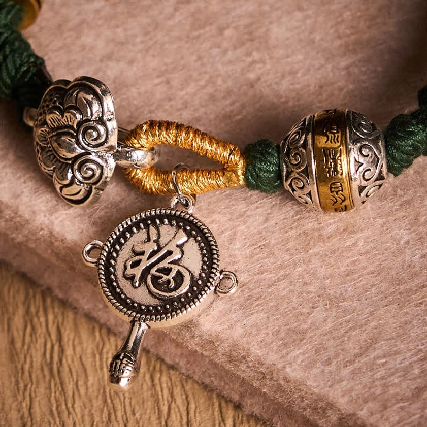 Green Woven Luck Bracelet Fu Character Symbol and Swastika Detail