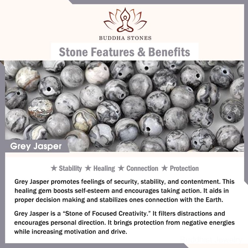 Grey Jasper Buddhist bracelet product photography showing handcrafted quality and natural stone authenticity