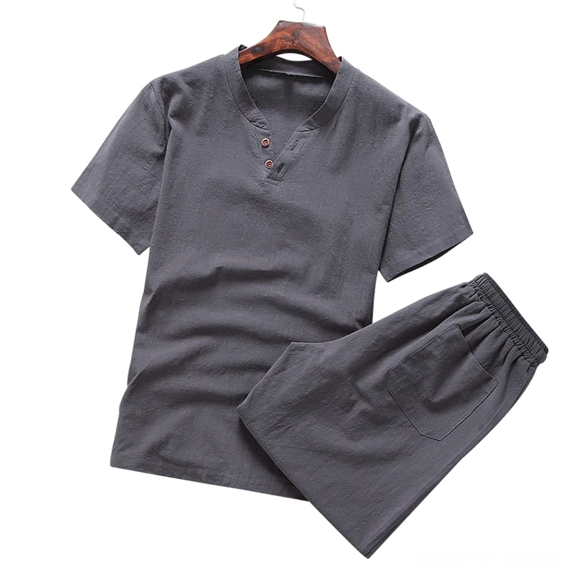 Grey meditation wear set henley shirt and shorts on white background