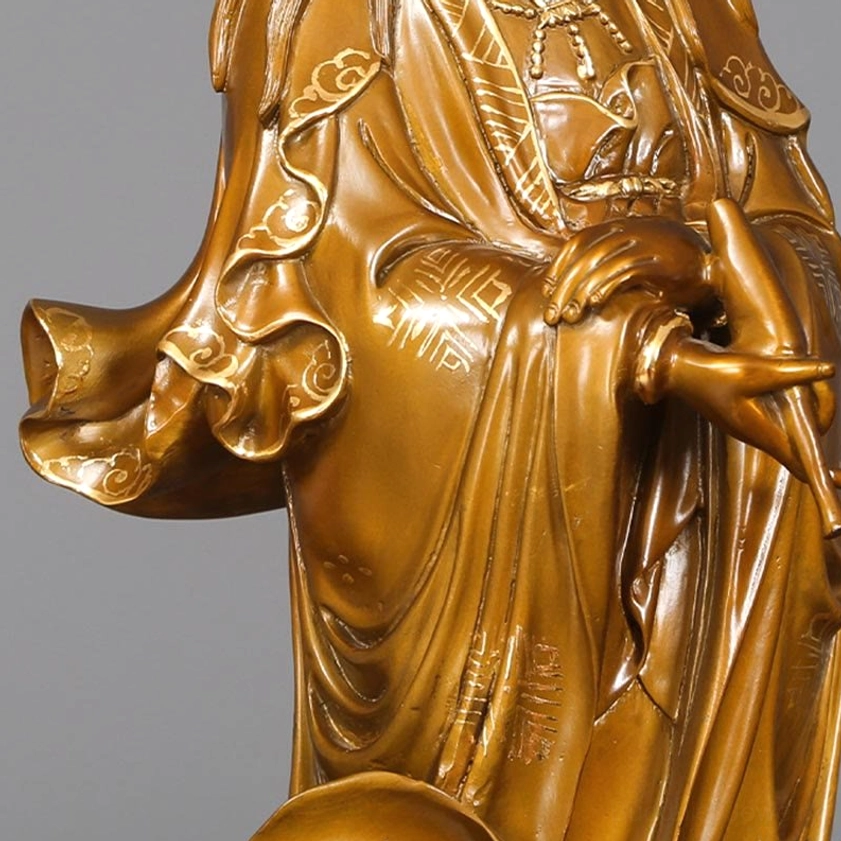 Collectible Guan Yin bodhisattva brass statue with traditional Buddhist iconography and handmade artisan details