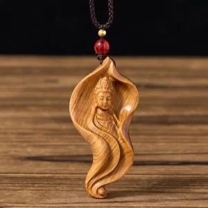 Guanyin Avalokiteshvara lotus leaf wood pendant necklace front view with black braided cord