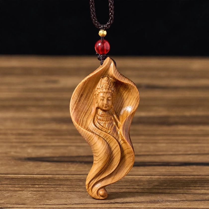 Guanyin Avalokiteshvara lotus leaf wood pendant necklace front view with black braided cord