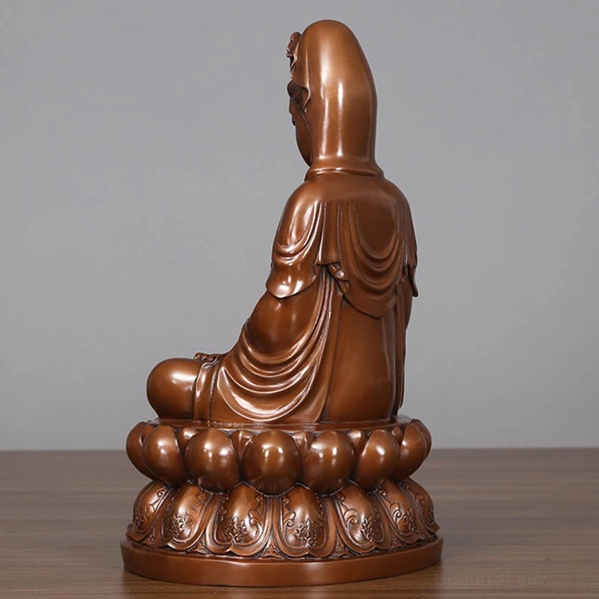 Avalokitesvara Guanyin copper statue rear angle view showing back of head robes and consistent bronze patina coloring