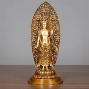 Avalokitesvara Guanyin brass statue front view - hand-carved bodhisattva with intricate flame backplate and lotus pedestal
