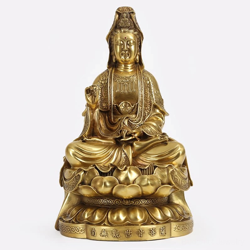 Guanyin Avalokitesvara compassion Buddha statue frontal display, glossy golden brass, engraved sutra text on lotus base