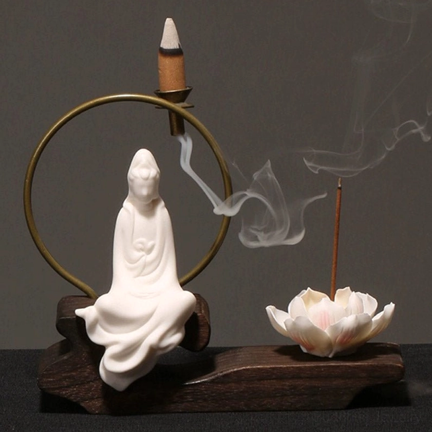 Guanyin Avalokitesvara incense burner with thick incense smoke and full lotus seat, sacred Buddhist Goddess of Compassion decoration