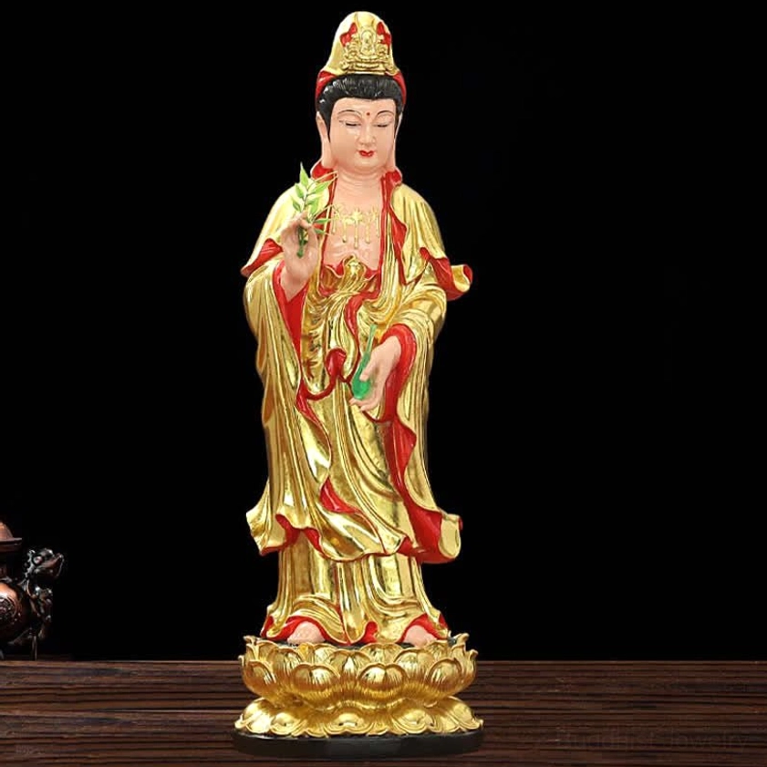 Guanyin resin figurine with ornate gold-trimmed robes holding jade vase and plant, decorative lotus base