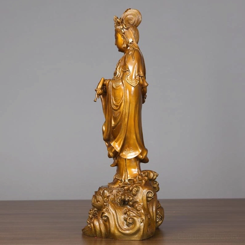 Guanyin symbolism infographic displaying wealth, harmony, success and spiritual protection meanings with traditional Buddhist imagery