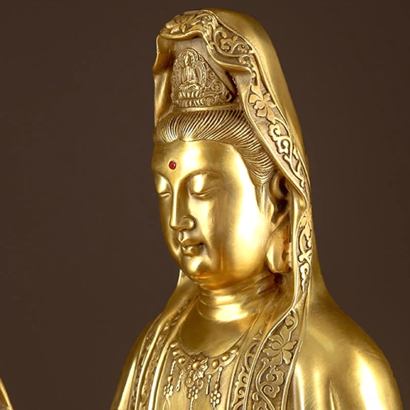 Avalokitesvara Guanyin compassion Buddha statue detailed base close-up, hand-inscribed Sanskrit text, engraved lotus design