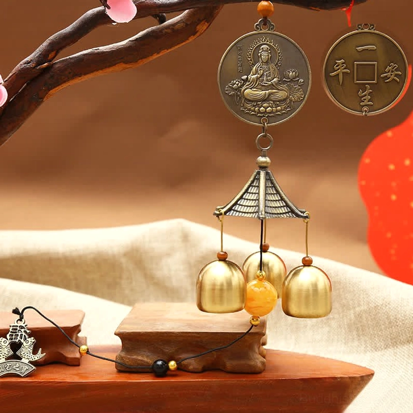 Guanyin Avalokitesvara bodhisattva compassion wind chime with bronze medallion, Ping An peace coin, 3 brass bells, and pavilion hanger