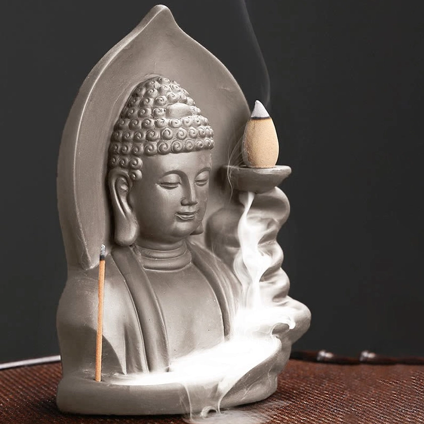 Guanyin Avalokitesvara backflow incense burner with multiple viewing angles and smoke cascade