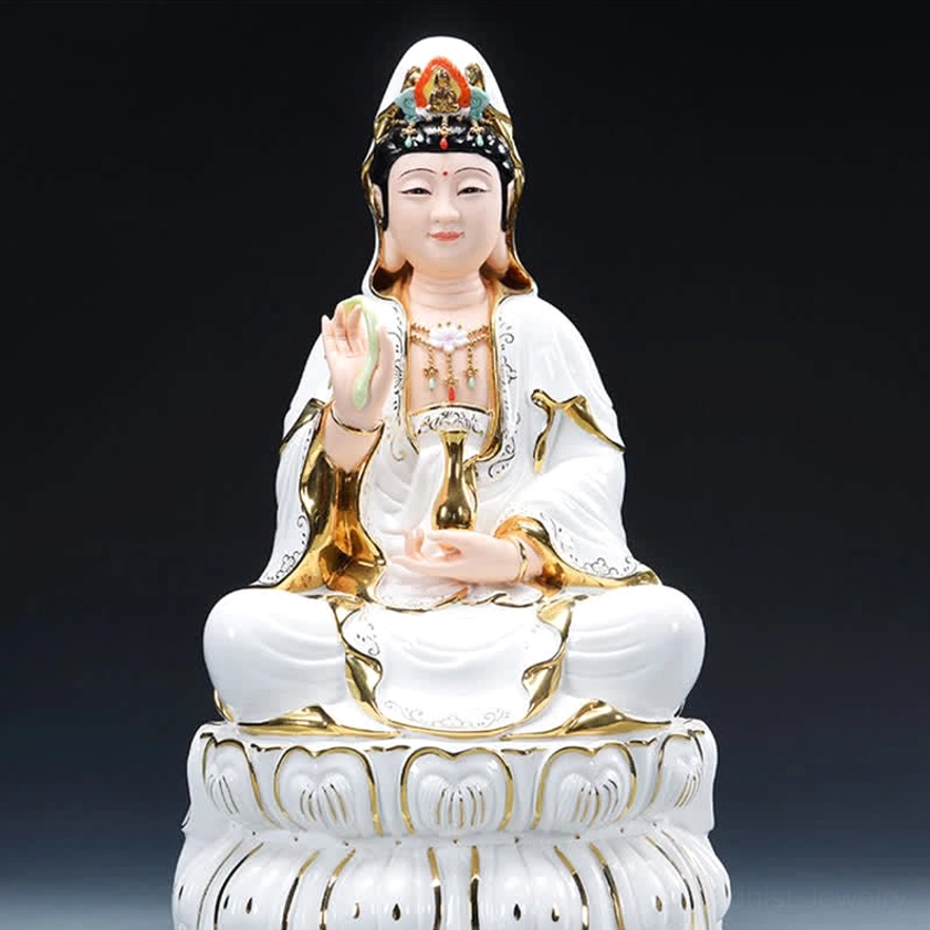 Avalokitesvara ceramic Buddha statue left frontal angle with lotus pedestal and gold decorative trims