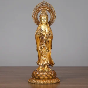 Avalokitesvara Guanyin brass statue full frontal view with flame halo and lotus pedestal
