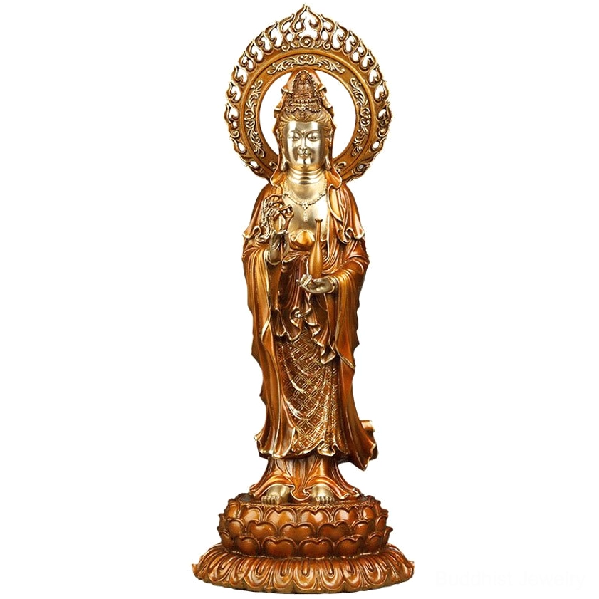Guanyin brass copper statue full profile showing lotus base and spiritual presence