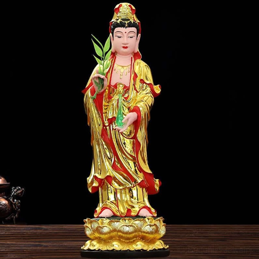Guanyin resin statue bright gilded robes with ornate layered lotus base and spiritual attributes