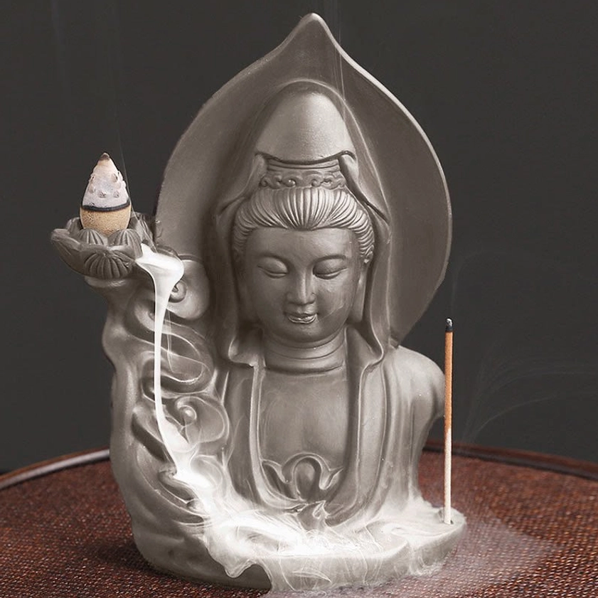 Avalokitesvara Buddha backflow incense burner front full view with prominent smoke cascade
