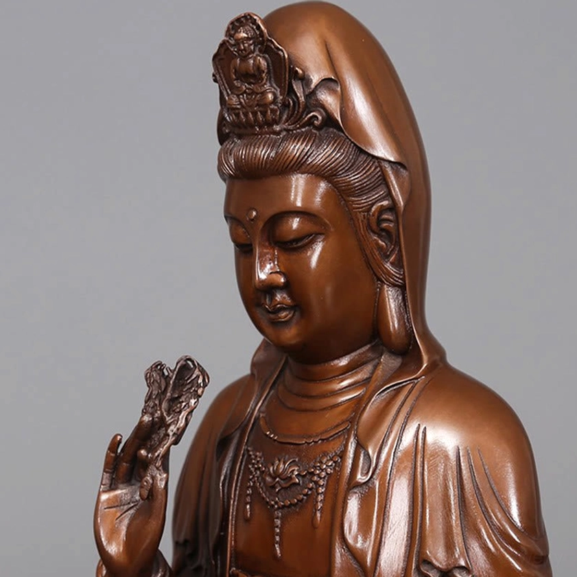 Avalokitesvara Guanyin copper statue ornamental crown and headdress detail showing intricate craftsmanship