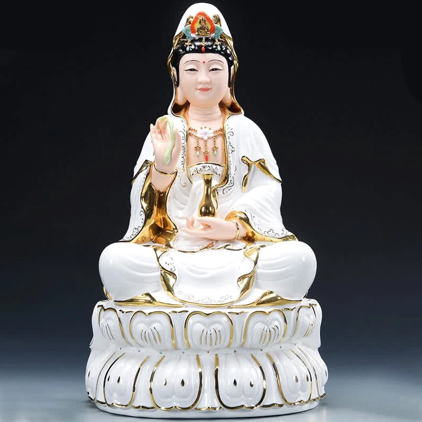 Guanyin Bodhisattva ceramic statue front view ornate headpiece sacred body adornments gold trim