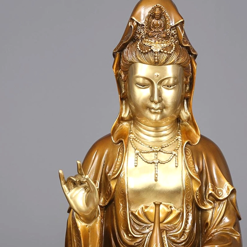 Guanyin head close-up ceremonial crown elaborate headdress golden bronze
