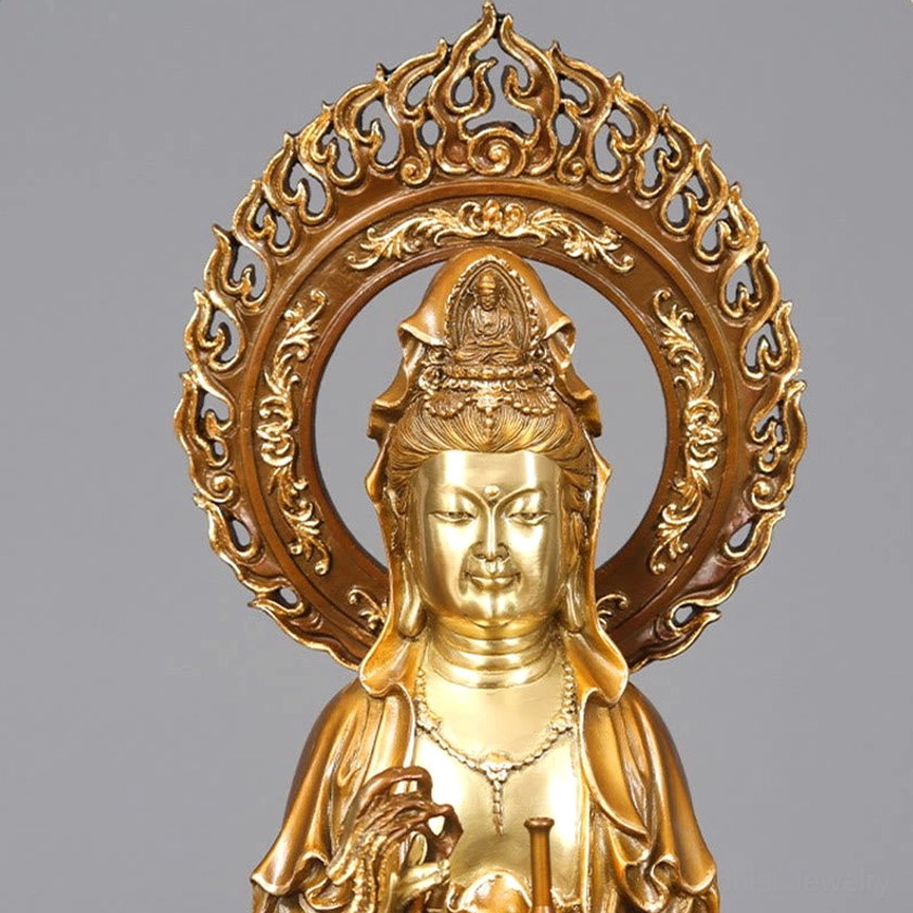 Avalokitesvara Guanyin statue hands detail with ritual vase and willow sprig