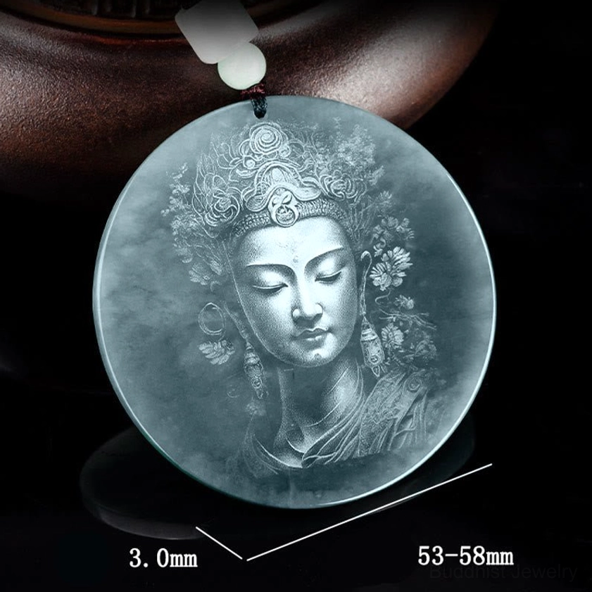 Guanyin jade pendant overhead view with specifications 53-58mm diameter 3mm thickness