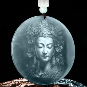 Guanyin jade pendant necklace front view carved with Avalokiteshvara Buddha face