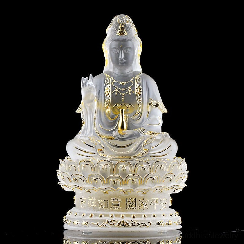 Medium size white and gold gilded Guanyin Liuli figurine 18cm height handcrafted crystal art piece