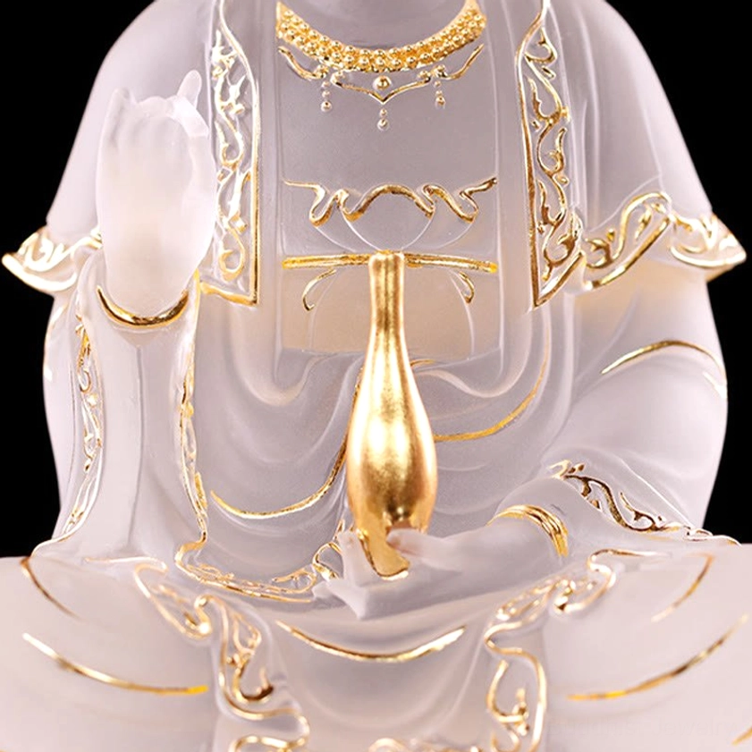 Close-up detail of Guanyin upper body featuring intricate gold embroidery patterns and golden holy vase Liuli crystal