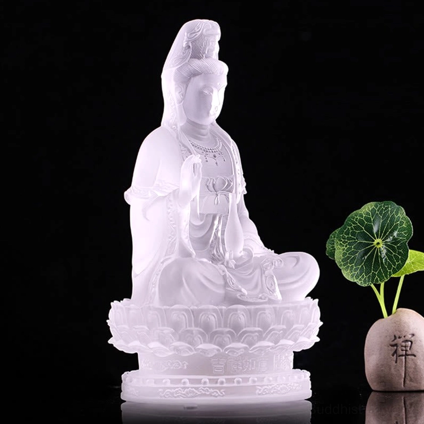 Right side profile of frosted white Liuli Guanyin figurine showing lotus pedestal and sacred proportions