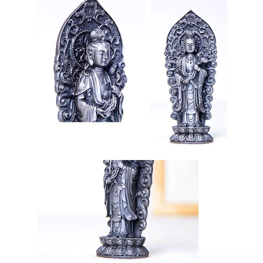 Guanyin bodhisattva mercy and protection symbolism in handcrafted Buddha trinity statue for spiritual altar and meditation room enhancement