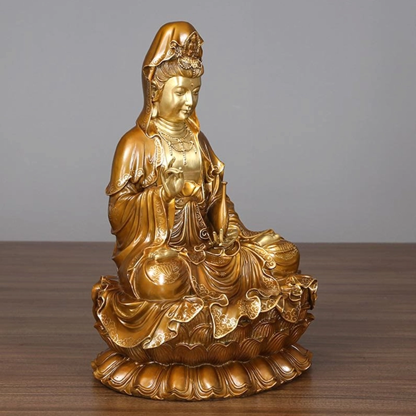 Guanyin statue flowing robes carved details texture golden bronze finish