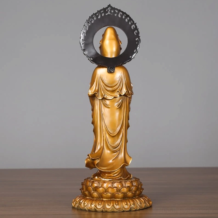Guanyin brass statue rear view displaying bronze finish and ornamental halo