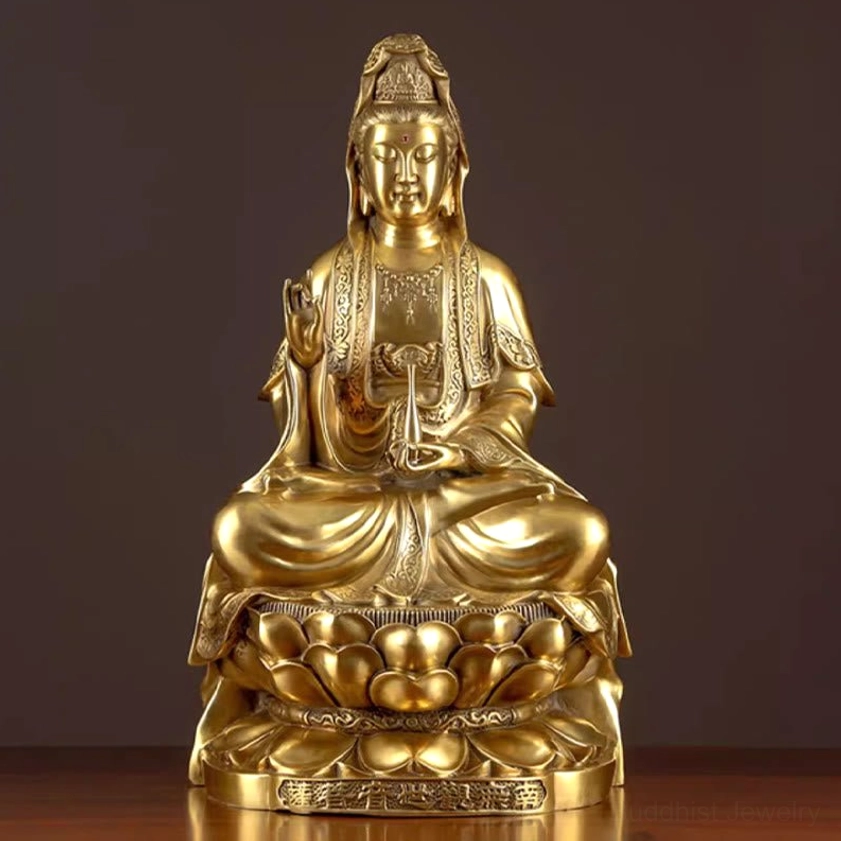 Guanyin Avalokitesvara hand-cast brass statue detail, robe carving patterns, sacred Buddhist iconography, golden finish