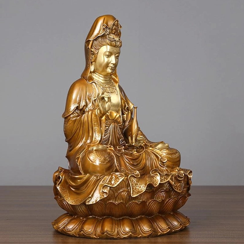 Guanyin bodhisattva statue left three-quarter angle view handcrafted brass copper