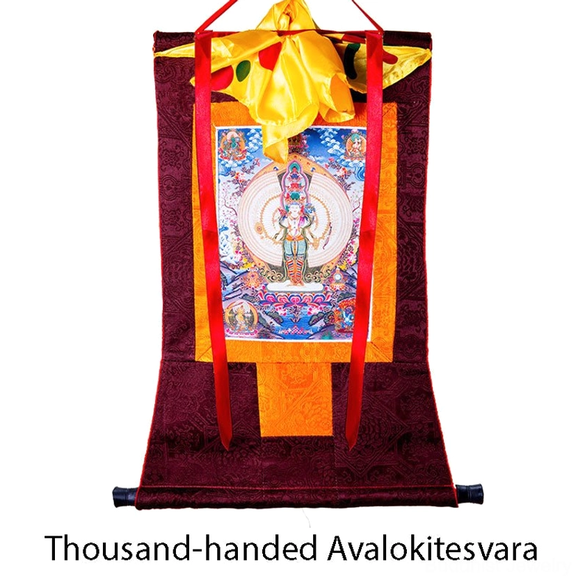 Guanyin thousand-armed thangka wall hanging with silk brocade frame for yoga studio meditation room