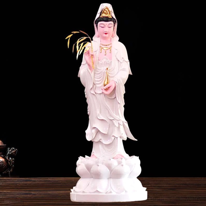 White Guanyin resin figurine minimalist pure white finish with willow and jade vase symbols