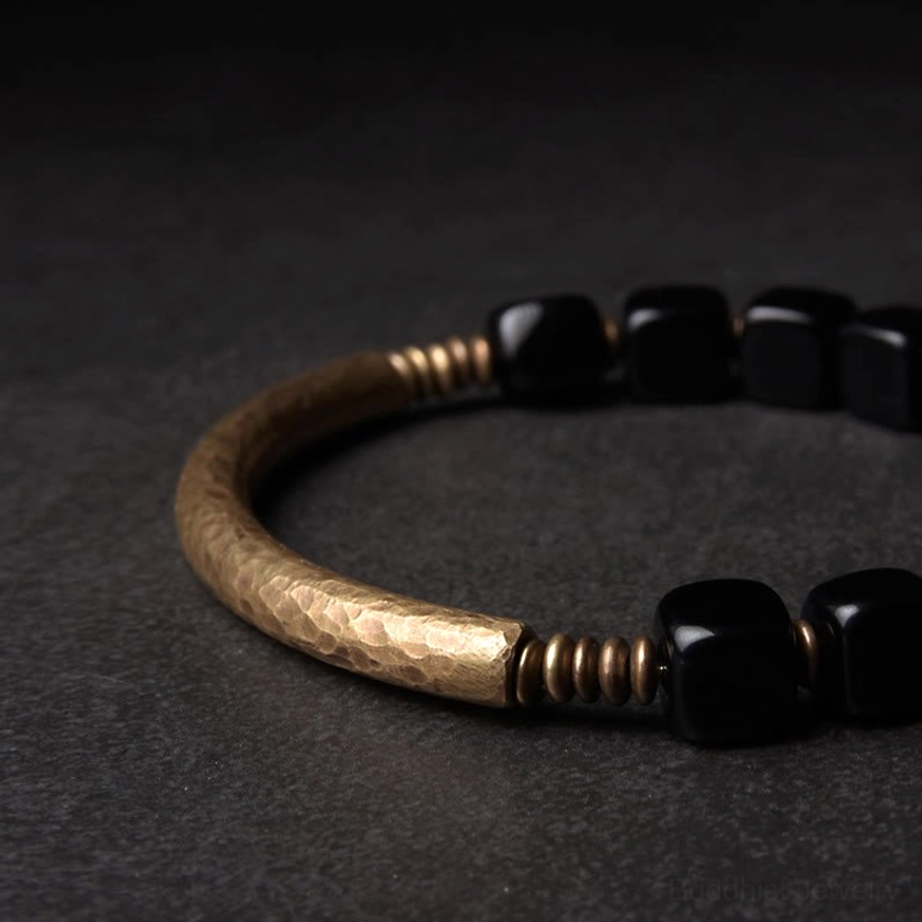 Half-metal hammered gold bar design with polished black obsidian cube beads and brass spacers