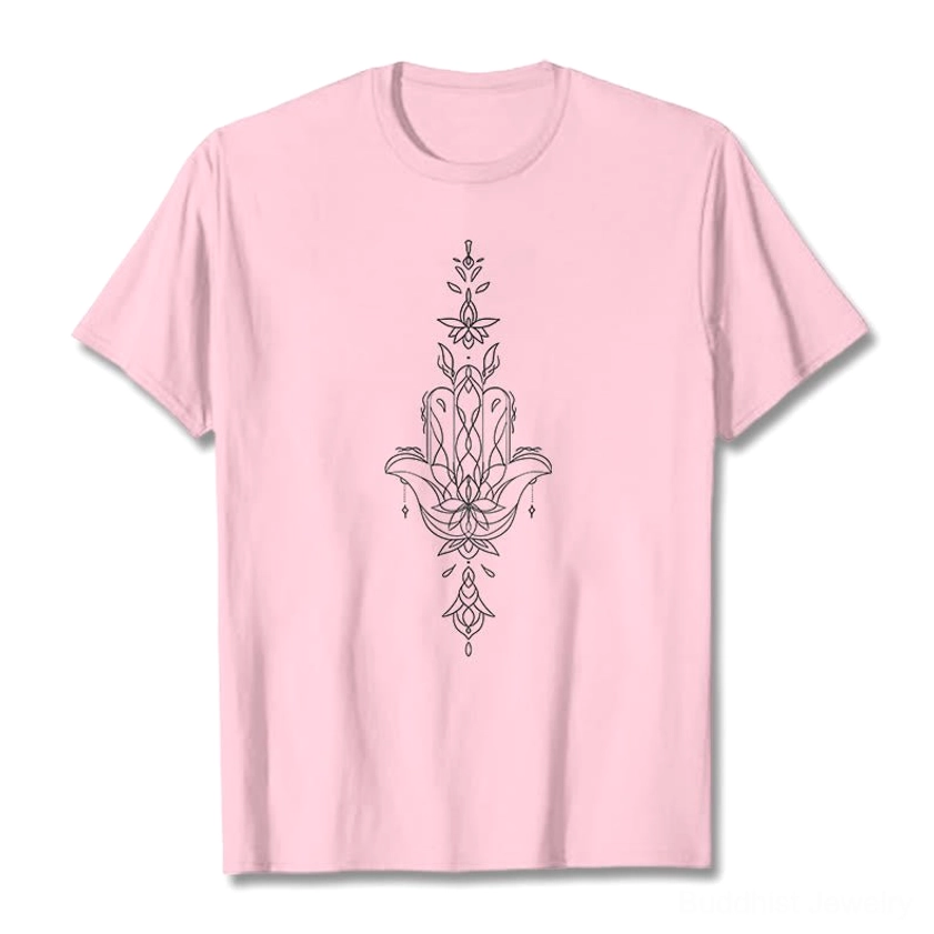 Multiple color variations of hamsa lotus Buddhist t-shirt displayed showing light grey and plum color options available