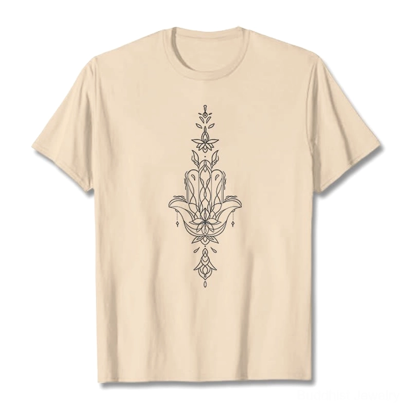 Hamsa lotus flower Buddhist spiritual t-shirt design detail close-up showing protective hand and lotus awakening symbolism
