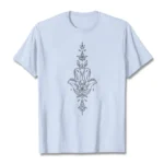 Hamsa hand lotus flower Buddhist t-shirt front flat lay view on white background light blue cotton fabric with centered print design