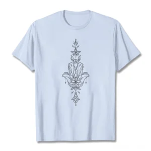 Hamsa hand lotus flower Buddhist t-shirt front flat lay view on white background light blue cotton fabric with centered print design