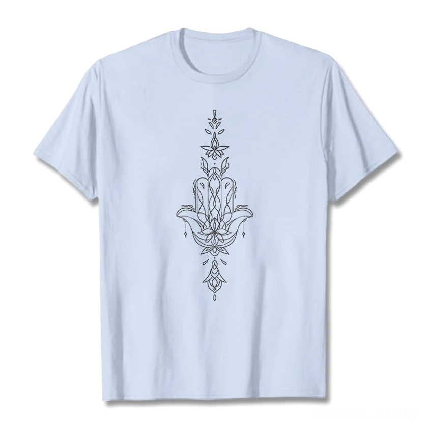 Hamsa hand lotus flower Buddhist t-shirt front flat lay view on white background light blue cotton fabric with centered print design